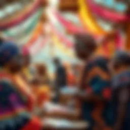 Members of the Kendu community celebrate their achievements in a vibrant festival with products like coffee and apparel displayed.