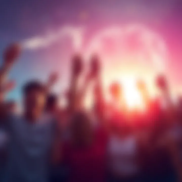 A diverse group of people joyfully celebrating Kendu's growth, holding energy drinks and showcasing NFT art, symbolizing community engagement in crypto.