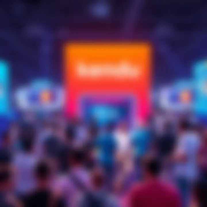 A vibrant community gathering around Kendu's booth at a cryptocurrency event, showcasing products and engaging with attendees.