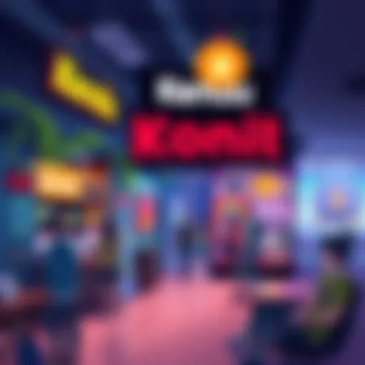 A vibrant coffee shop named Kendu Coffee bustling with people, showcasing Kendu merchandise, and a lively animation studio in the background, illustrating Kendu's real-life projects and community support.
