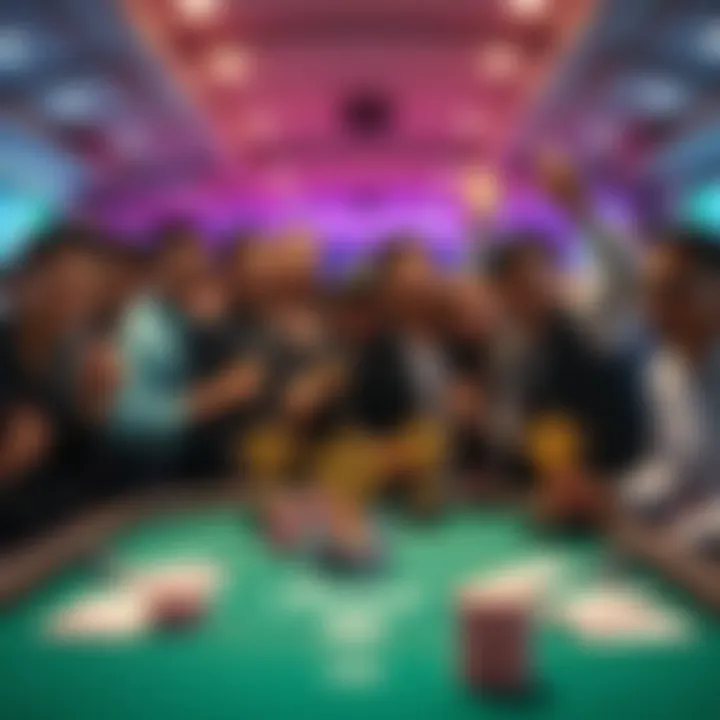 Community members celebrating at a poker tournament, with awards displayed on a table and a Telegram bot in the background.