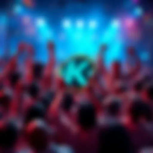 A visual representation of the KENDU memecoin symbol surrounded by people celebrating and collaborating in a vibrant, creative setting.