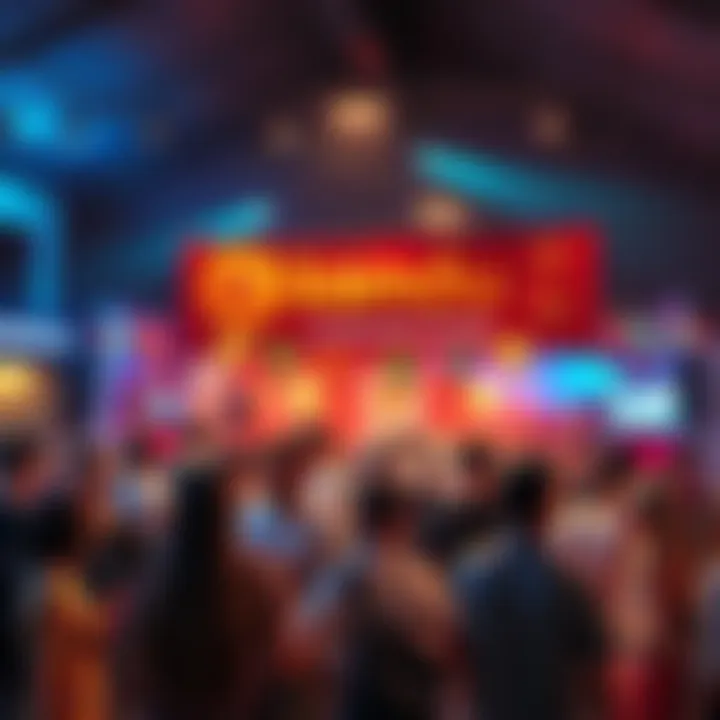 A lively community gathering celebrating Kendu Memecoin with people engaging in activities, banners displaying Kendu logo, and cheerful atmosphere.