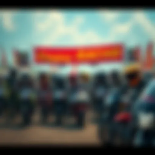 Group of Kendu Racing participants gathered at a rally with motorcycles and banners in the background