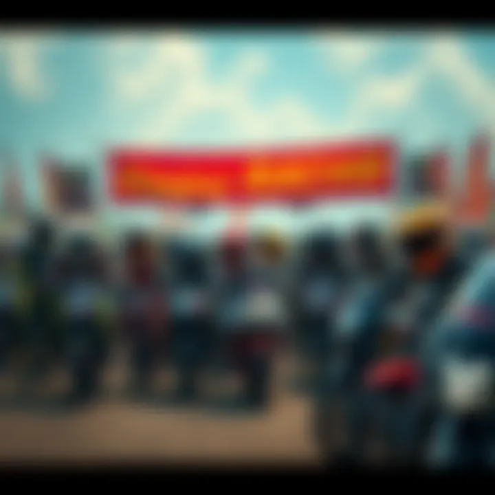 Group of Kendu Racing participants gathered at a rally with motorcycles and banners in the background