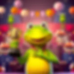 Kermie smiles as he holds a trophy, celebrating his win at the auction, with frog-themed decorations in the background.