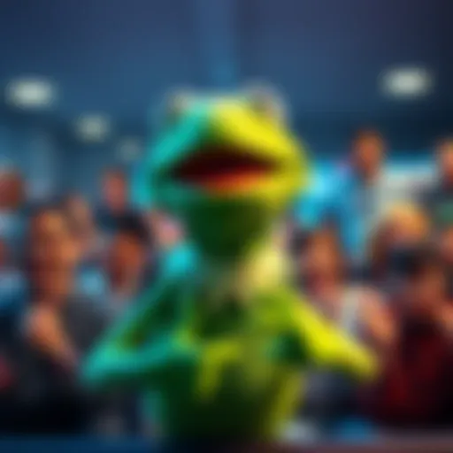 Kermit joyfully celebrating after winning an auction with a big smile, surrounded by excited people in a chat room.