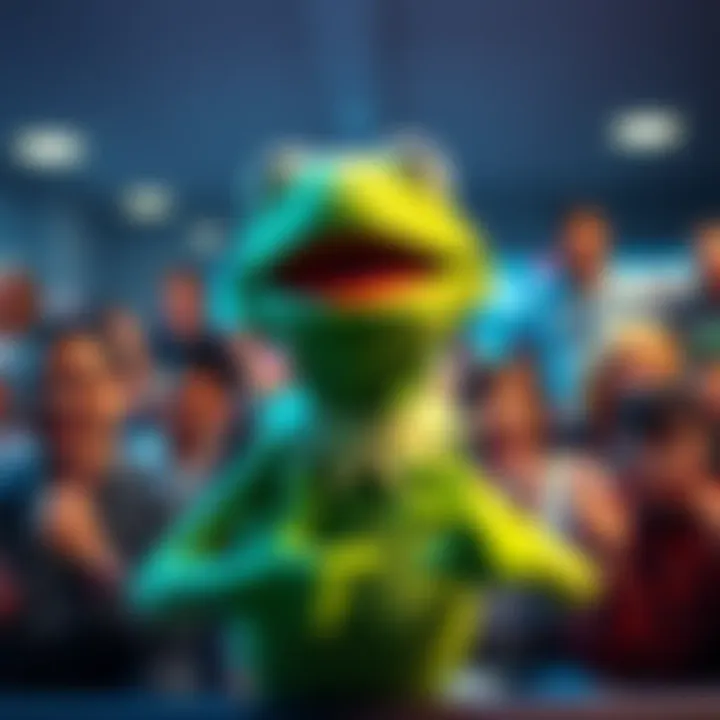 Kermit joyfully celebrating after winning an auction with a big smile, surrounded by excited people in a chat room.