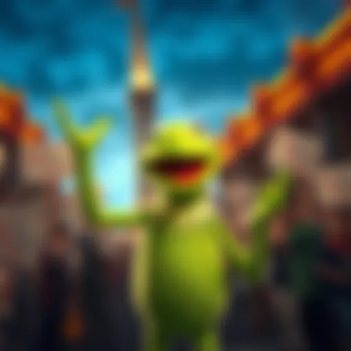 Kermit Celebrates Landmark Announcement Kermit stands happily in front of a new landmark, surrounded by cheering fans holding signs of support.