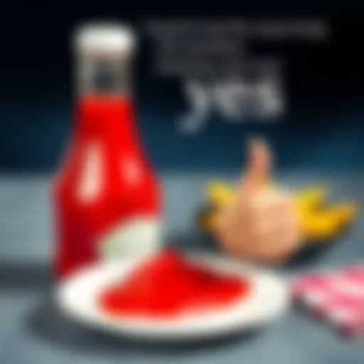 A ketchup bottle sitting next to a plate with a thumbs up sign, symbolizing agreement