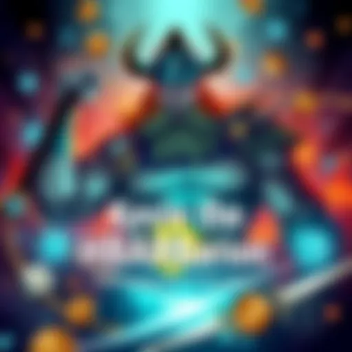 A strong character representing Kevin the HBARbarian, surrounded by blockchain symbols and cryptocurrency items, showcasing his influence in the crypto world.
