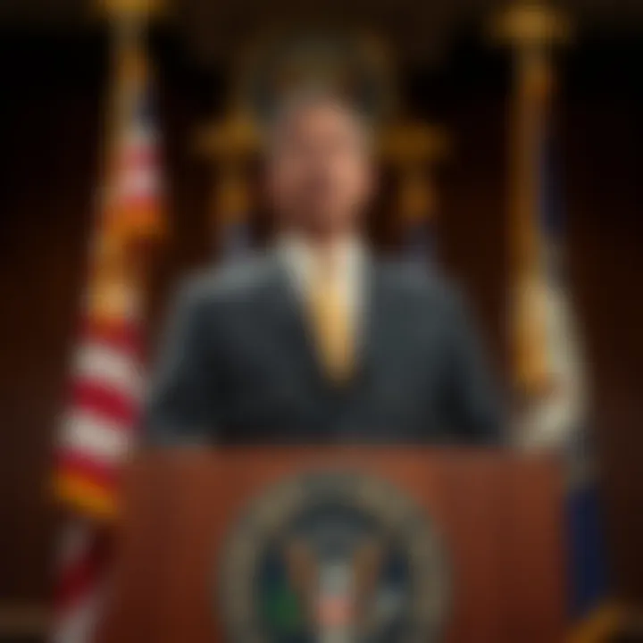 Kevin Warsh stands confidently at a podium after being confirmed as the new Chairman of the Federal Reserve, with flags in the background.
