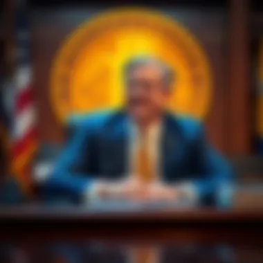 Kevin Warsh, the new Federal Reserve Chair, seated at his desk with a Bitcoin symbol on the background, smiling confidently.