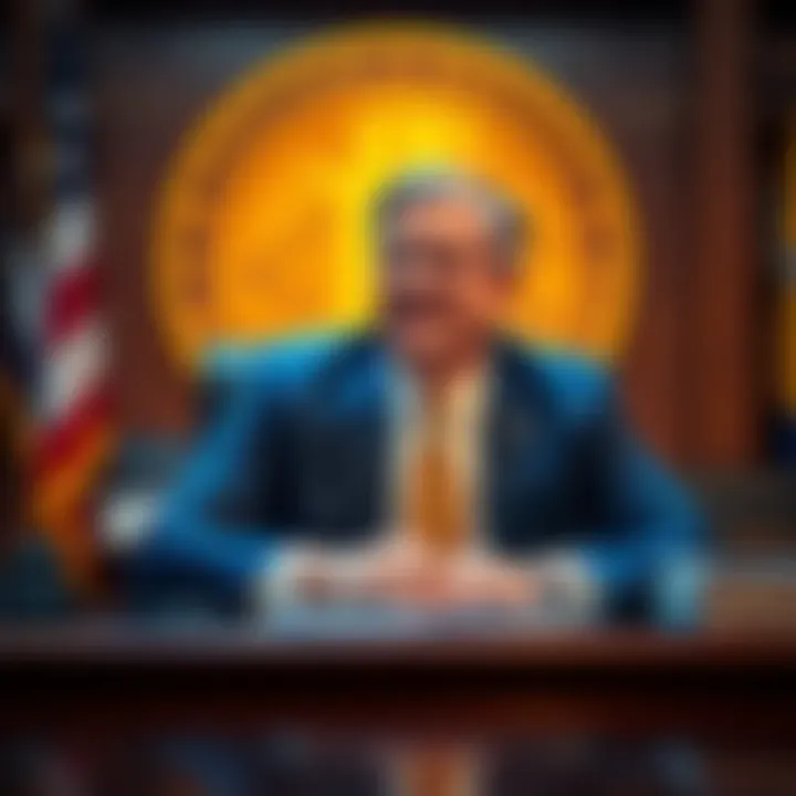 Kevin Warsh, the new Federal Reserve Chair, seated at his desk with a Bitcoin symbol on the background, smiling confidently.