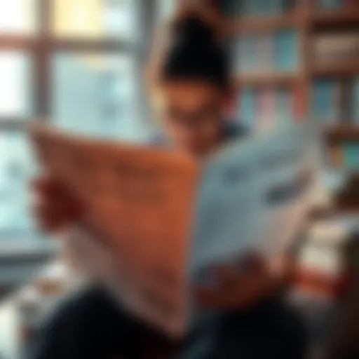 A person reading a newspaper with key headlines about important current issues, surrounded by books and a laptop.