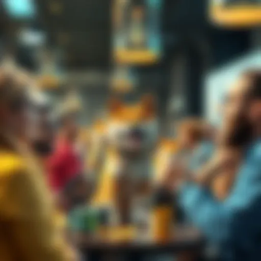 A group of diverse people engaging in discussions about Doge, sharing ideas and insights in a vibrant setting.