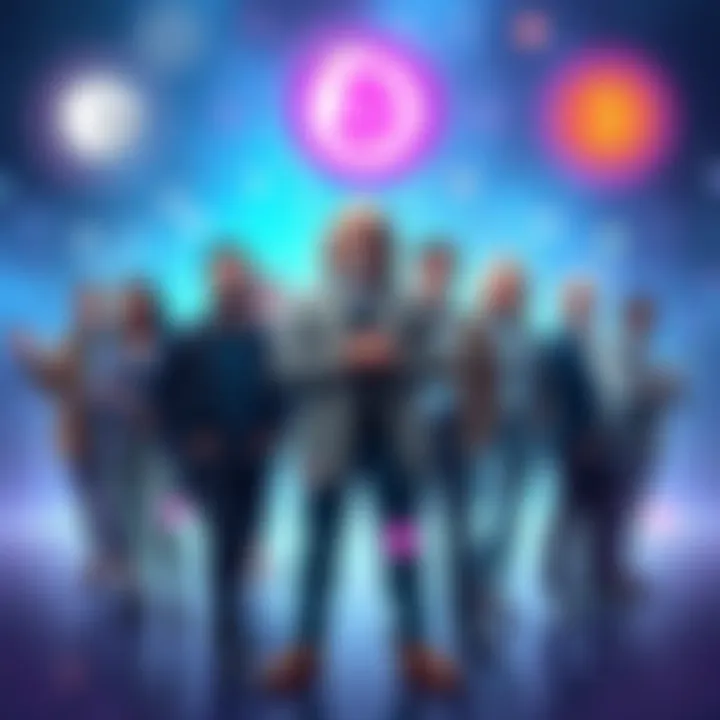 Ten influential figures in cryptocurrency standing together, each showcasing their unique contributions to the digital currency world, with icons representing blockchain technology around them.