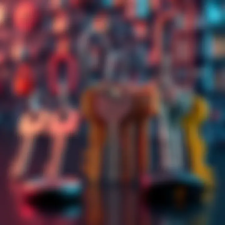 A collection of different types of keys representing data security concepts, placed against a digital lock background.