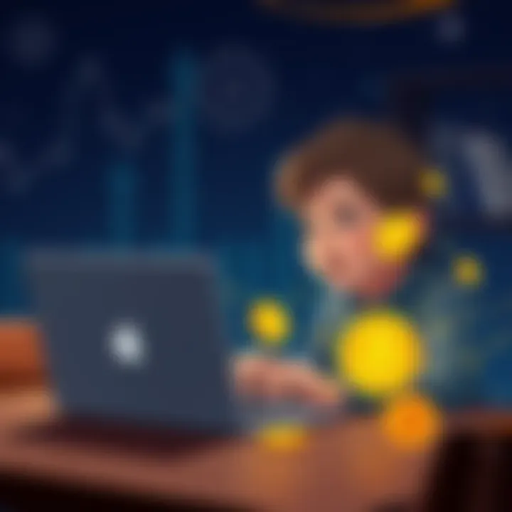 Kid Learning About Bitcoin A child sitting at a table with a laptop, looking at a colorful illustration of Bitcoin and digital currency concepts. The child appears curious and engaged.