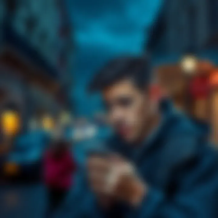 A worried person looking at their phone, a dark city street in the background, symbolizing the rise in kidnappings linked to Bitcoin.