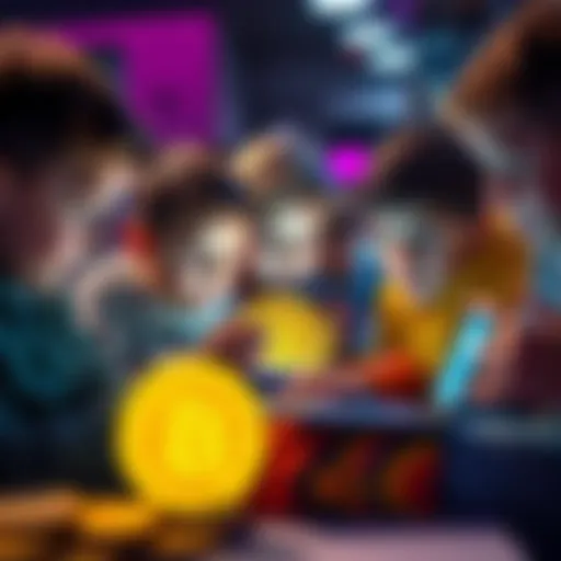 A group of children using devices to learn about Bitcoin and digital currencies, showing their interest in future investments.