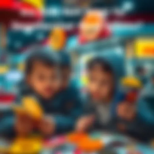 Children looking at colorful cryptocurrency symbols and marketing materials, with a fast food theme in the background.