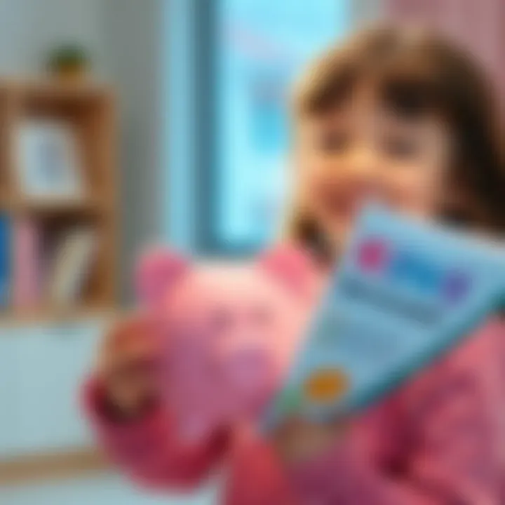 A smiling young girl with a piggy bank and a bank brochure about kids' savings accounts