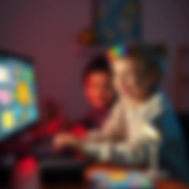 Kids Using Local CMS for Publishing Two children happily creating digital content on a computer using a local CMS, surrounded by colorful designs and fun elements.