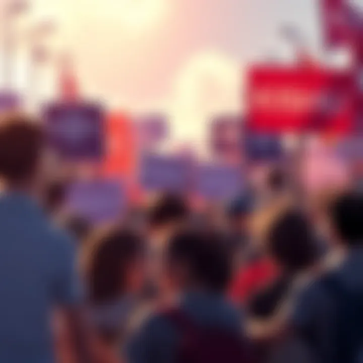 A diverse group of people holding signs and banners to support Kishu coin, showing unity and determination for revival.