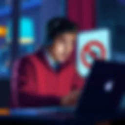 A person looking worried while reading about Klaviyo's crypto account closures on a laptop, with a 'no crypto' sign in the background.