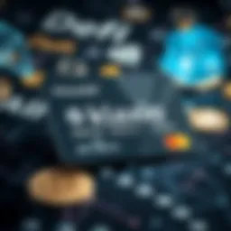A close-up of a Klaxio DeFi debit card, highlighting its modern design and logo against a backdrop of cryptocurrency symbols, signifying easy digital payments.