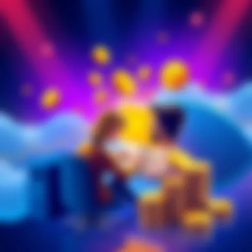 A graphic showing people completing tasks on a computer and earning rewards, with symbols of crypto and cash around them.