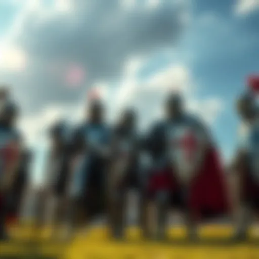 A group of knights standing together with determination, holding hands and looking forward, symbolizing unity and strength in the face of challenges.