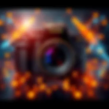 A visual representation of Kodak's concept using Blockchain for managing photography rights, featuring a camera and digital symbols around it.