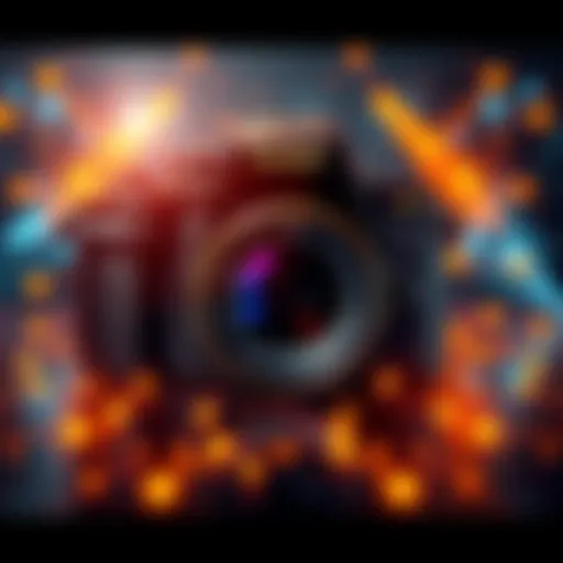 A visual representation of Kodak's concept using Blockchain for managing photography rights, featuring a camera and digital symbols around it.