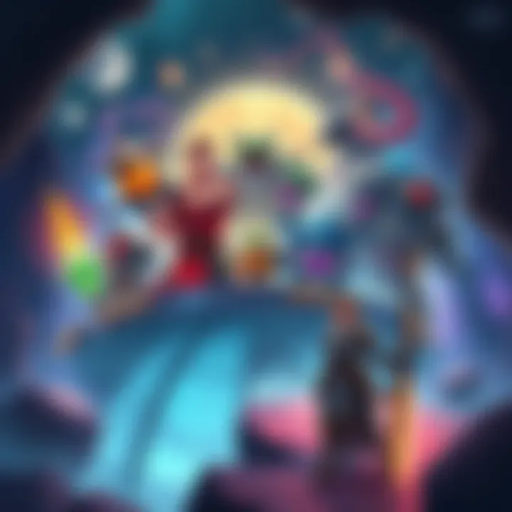 Illustration showing various characters and biomes from Kosmic Dungeon, highlighting zones and guilds in a vibrant RPG setting.