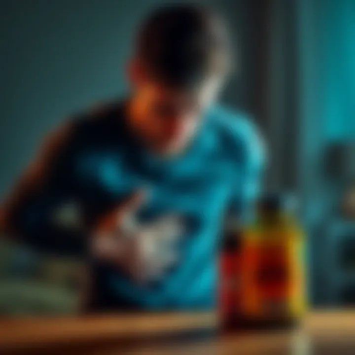 A person looking uncomfortable while holding their stomach, indicating bloating and constipation symptoms, with a bottle of KPV supplement nearby.