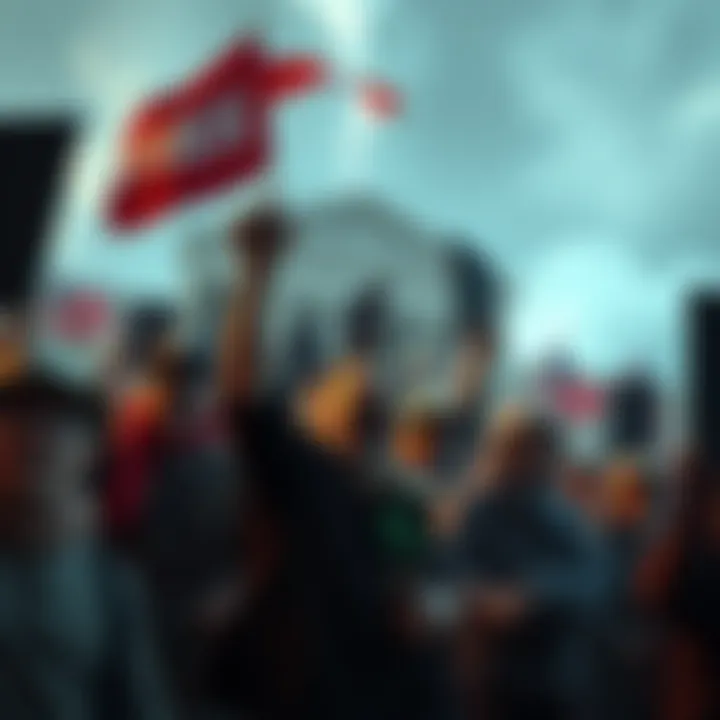 A protest scene depicting traditional banks expressing outrage over the Kansas Fed's decision to grant Kraken a master account access to US payment systems.