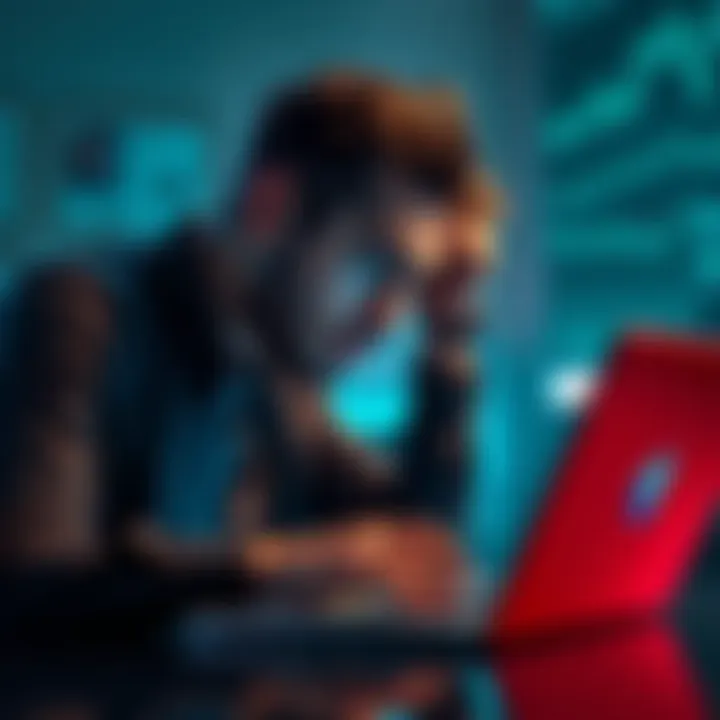 Frustrated cryptocurrency investor looking at a laptop with Kraken's logo, depicting uncertainty and frustration after an account shutdown without notice.