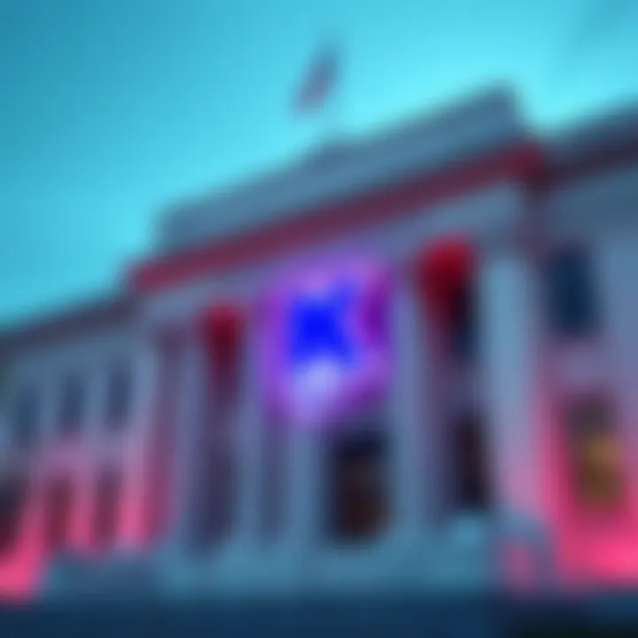 A digital representation of Kraken's logo alongside the Federal Reserve building, symbolizing the connection between cryptocurrency and traditional finance.