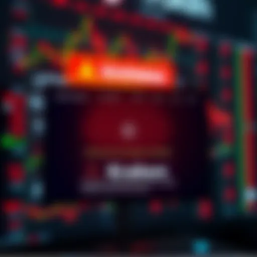 A digital screen shows warning signs and alerts about Kraken exchange with a blurred crypto trading background.