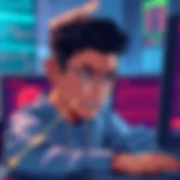 Illustration of a frustrated person looking at a computer screen with error messages during a cryptocurrency surge