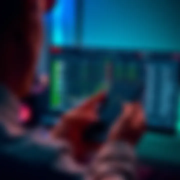 A person using Kraken Pro on a mobile device while a computer screen shows a blank watchlist, illustrating the syncing problem between devices.