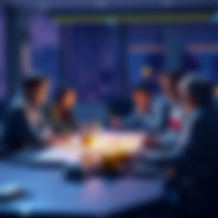 A group of people discussing the future and potential of Krc20 coins around a table with charts and graphs.