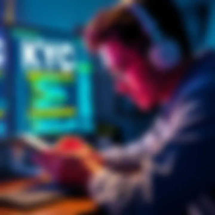 A person reviewing KYC regulations while transferring cryptocurrency to a hardware wallet, with a computer screen displaying blockchain elements.