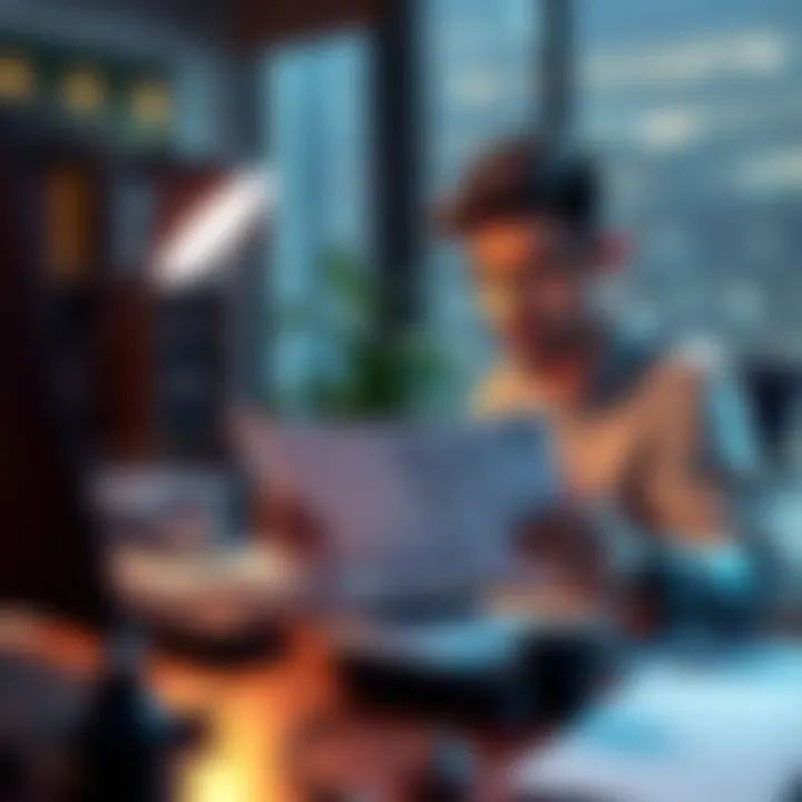 A person sitting at a desk, reviewing a KYC form and ID documents with a worried expression, trying to correct mistakes.
