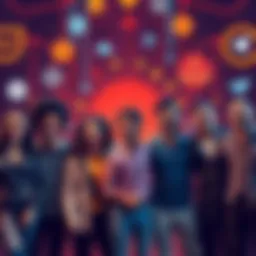 A group of diverse people celebrating their inclusion in a community focused on trust and security, with a backdrop of digital symbols representing KYC compliance.