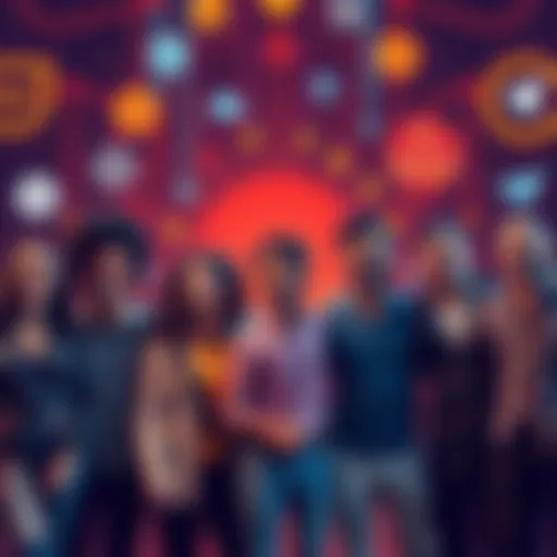 A group of diverse people celebrating their inclusion in a community focused on trust and security, with a backdrop of digital symbols representing KYC compliance.