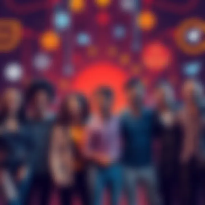 A group of diverse people celebrating their inclusion in a community focused on trust and security, with a backdrop of digital symbols representing KYC compliance.