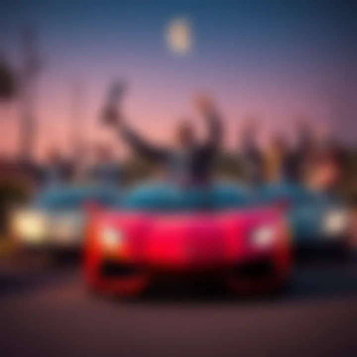A group of people excitedly preparing for a financial journey, showcasing enthusiasm and determination with Lambo cars in the background.